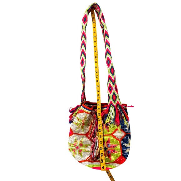 WAYUU Handmade Crochet Beaded Crossbody Bag Multicolor Tasseled Bohemian Hippie - Picture 8 of 15